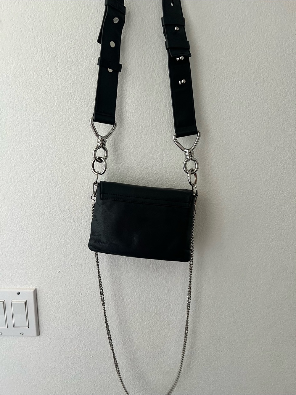 All Saints Black Leather Crossbody Clutch with Chain & Wide Strap - Picture 3 of 16
